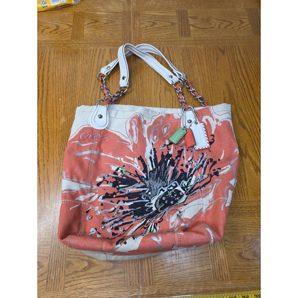 Coach Poppy Signature Placed Flower Ivory Canvas Embellished Large Tote 19027